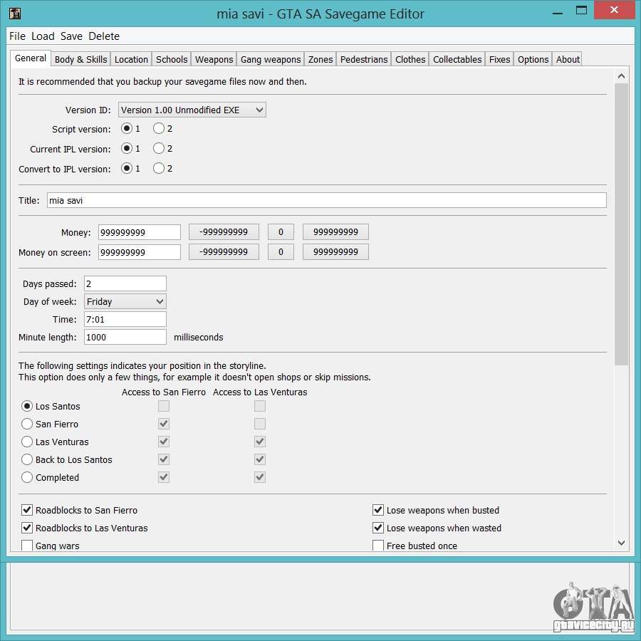 Savegame Editor v3.2 для GTA San Andreas